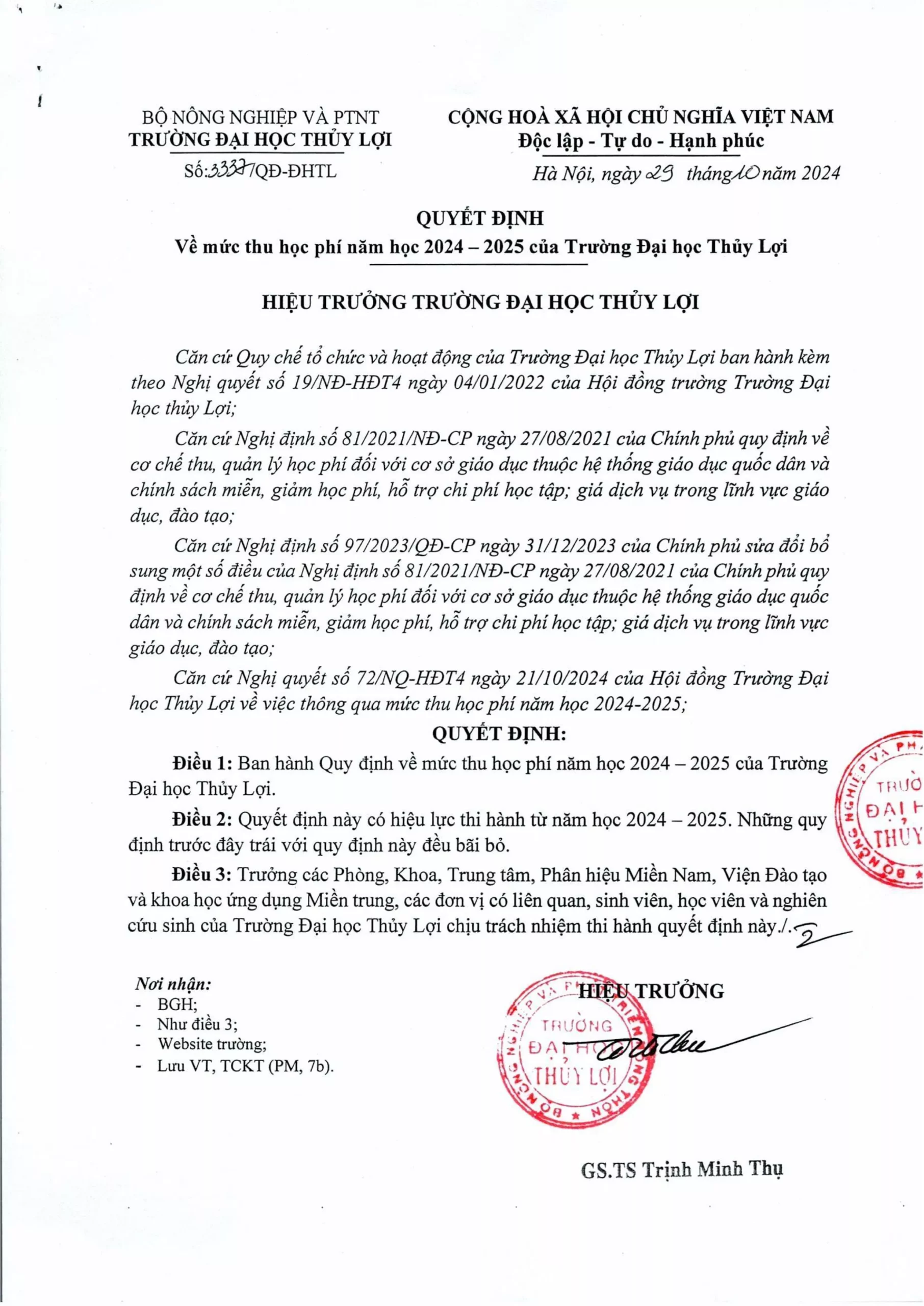 Quyết định mức thu học phí năm học 2024-2025